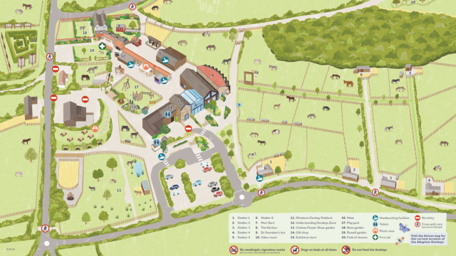 A map of the Donkey Sanctuary Sidmouth, highlighting the key attractions and locations